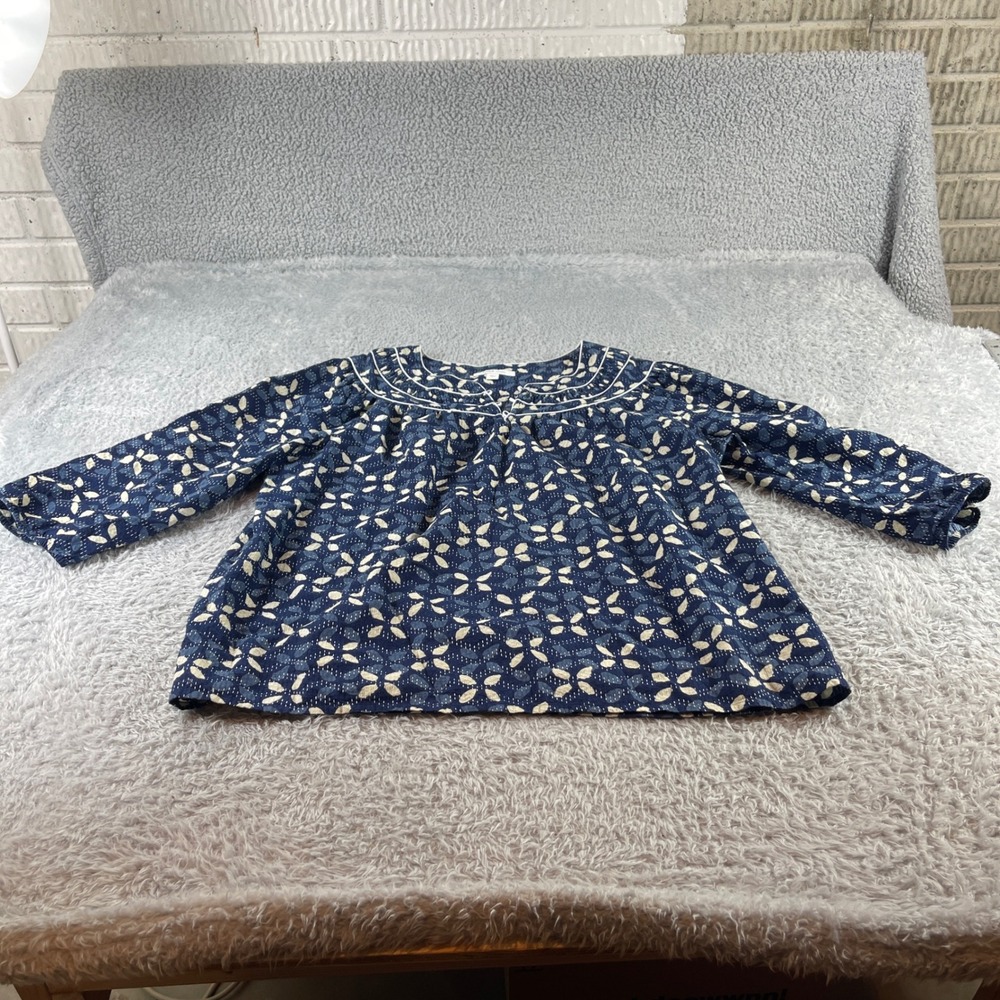 pure jill elements blue floral print long sleeve peasant top shirt womens L